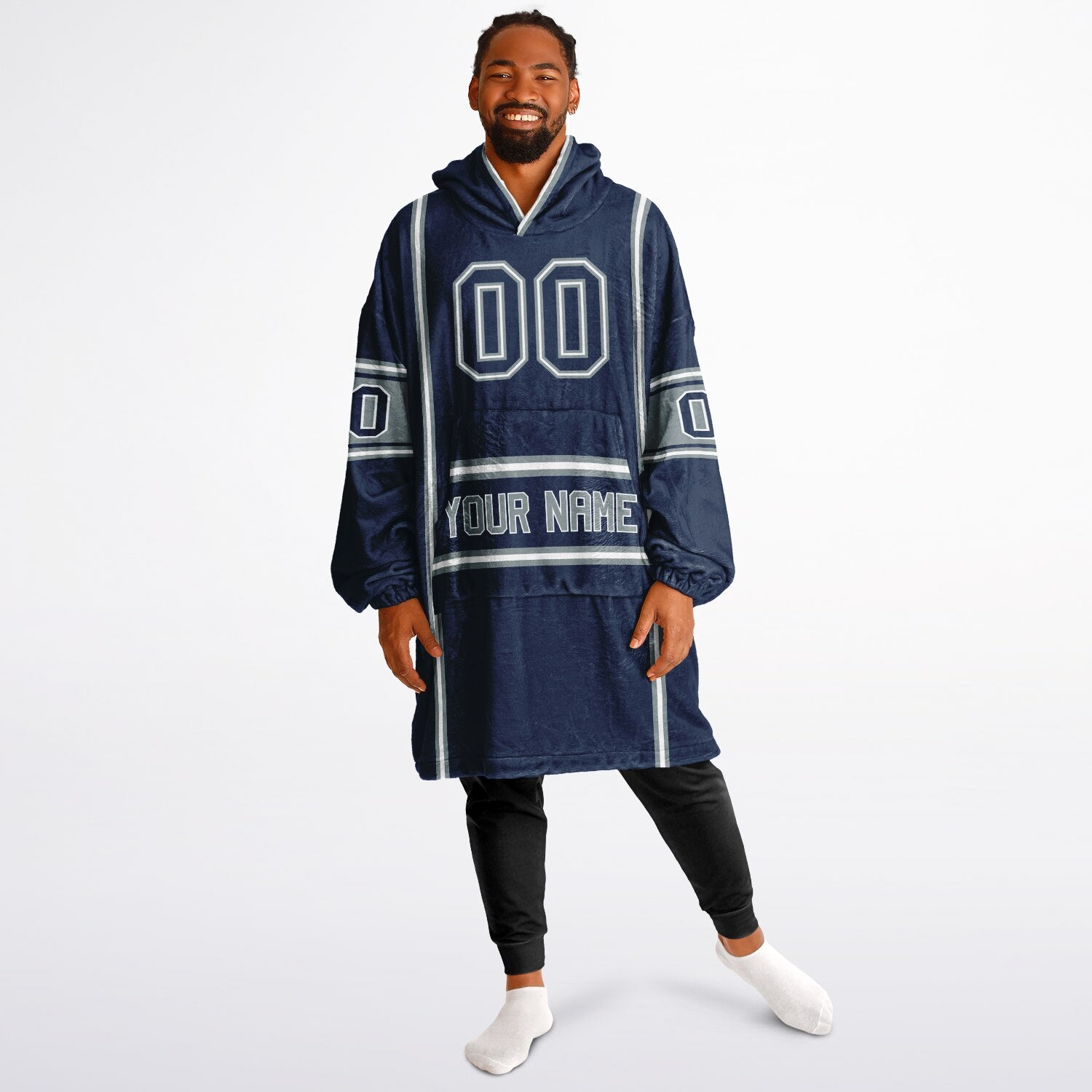 Navy, silver, and white lineup snug hoodie with clean line work and subtle jersey influence.