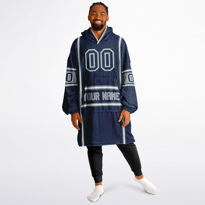 Navy, silver, and white lineup snug hoodie with clean line work and subtle jersey influence.