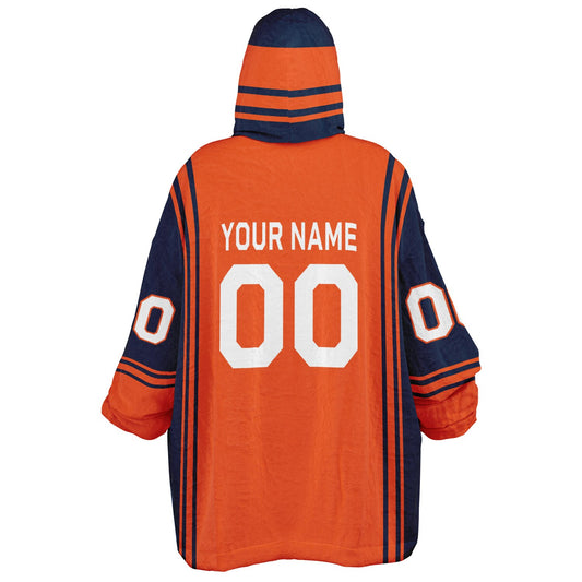 Orange and navy bold snug hoodie with modern color-block design and soft loungewear fit.