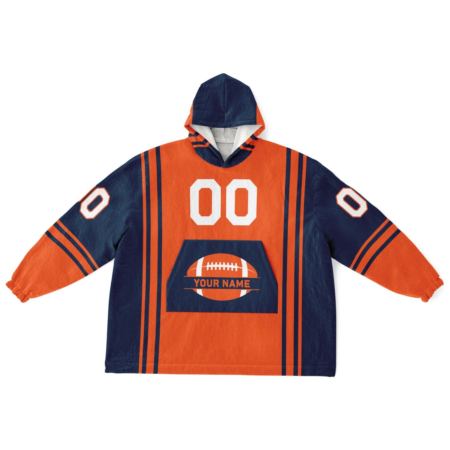 Orange and navy bold snug hoodie with modern color-block design and soft loungewear fit.