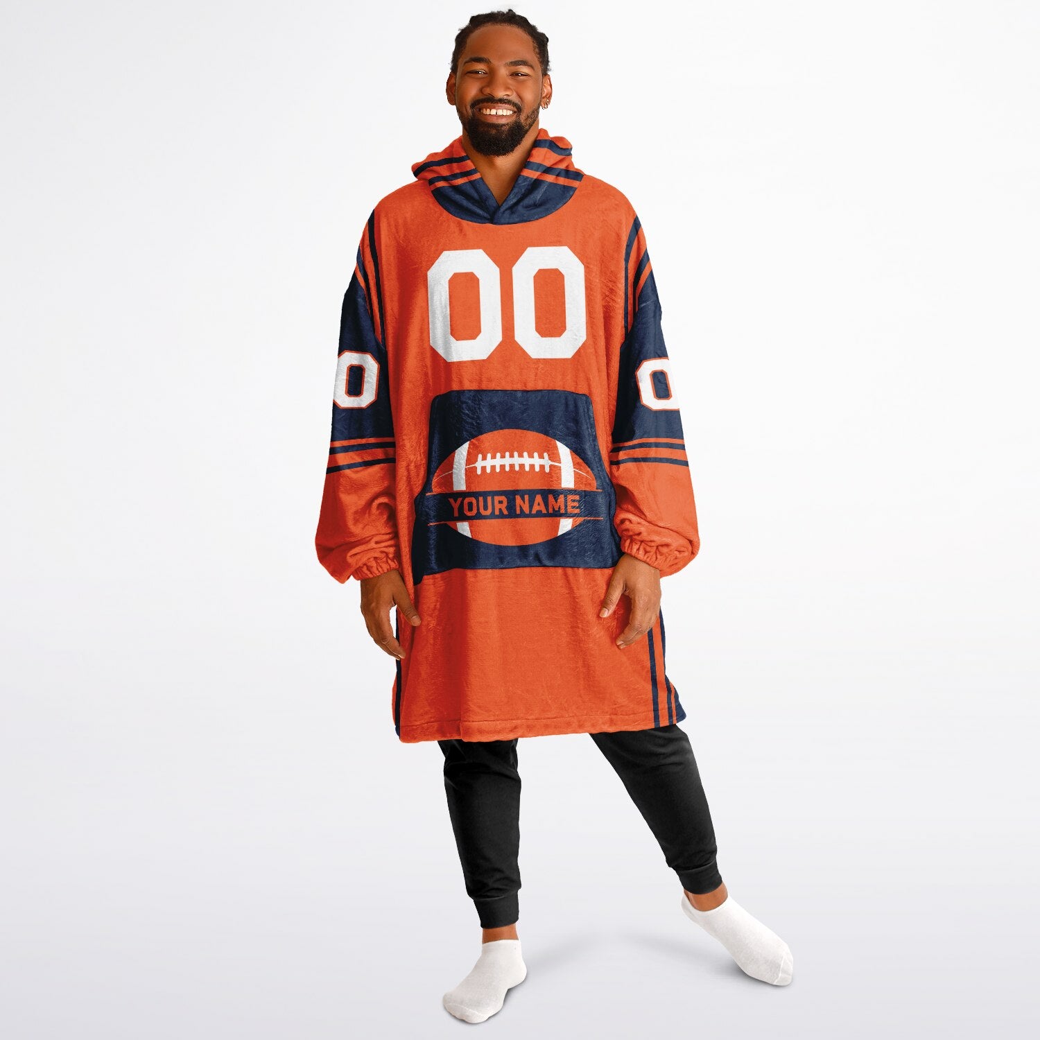 Orange and navy bold snug hoodie with modern color-block design and soft loungewear fit.