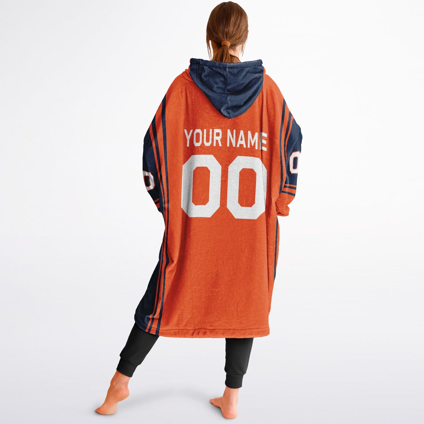 Orange and navy bold snug hoodie with modern color-block design and soft loungewear fit.