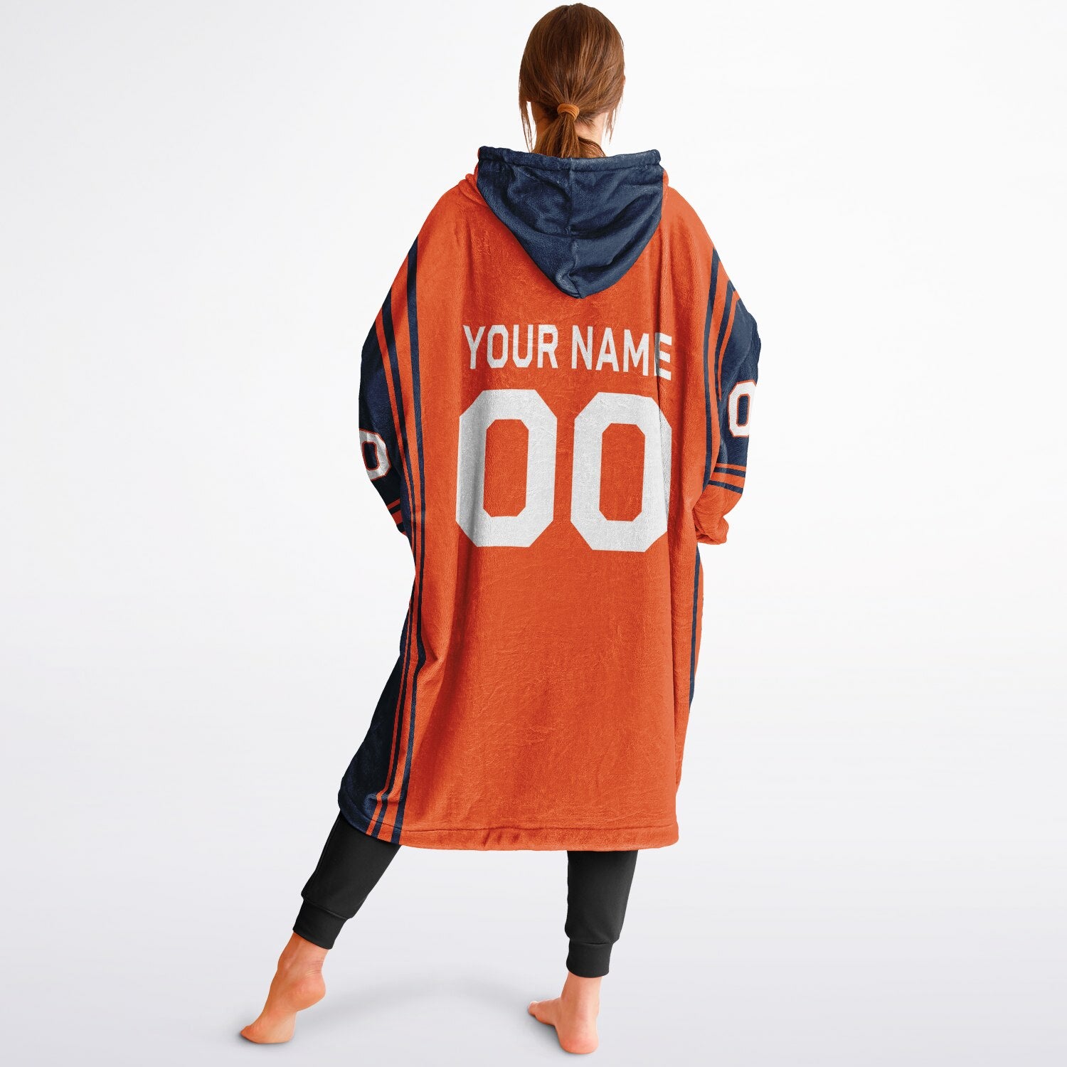 Orange and navy bold snug hoodie with modern color-block design and soft loungewear fit.