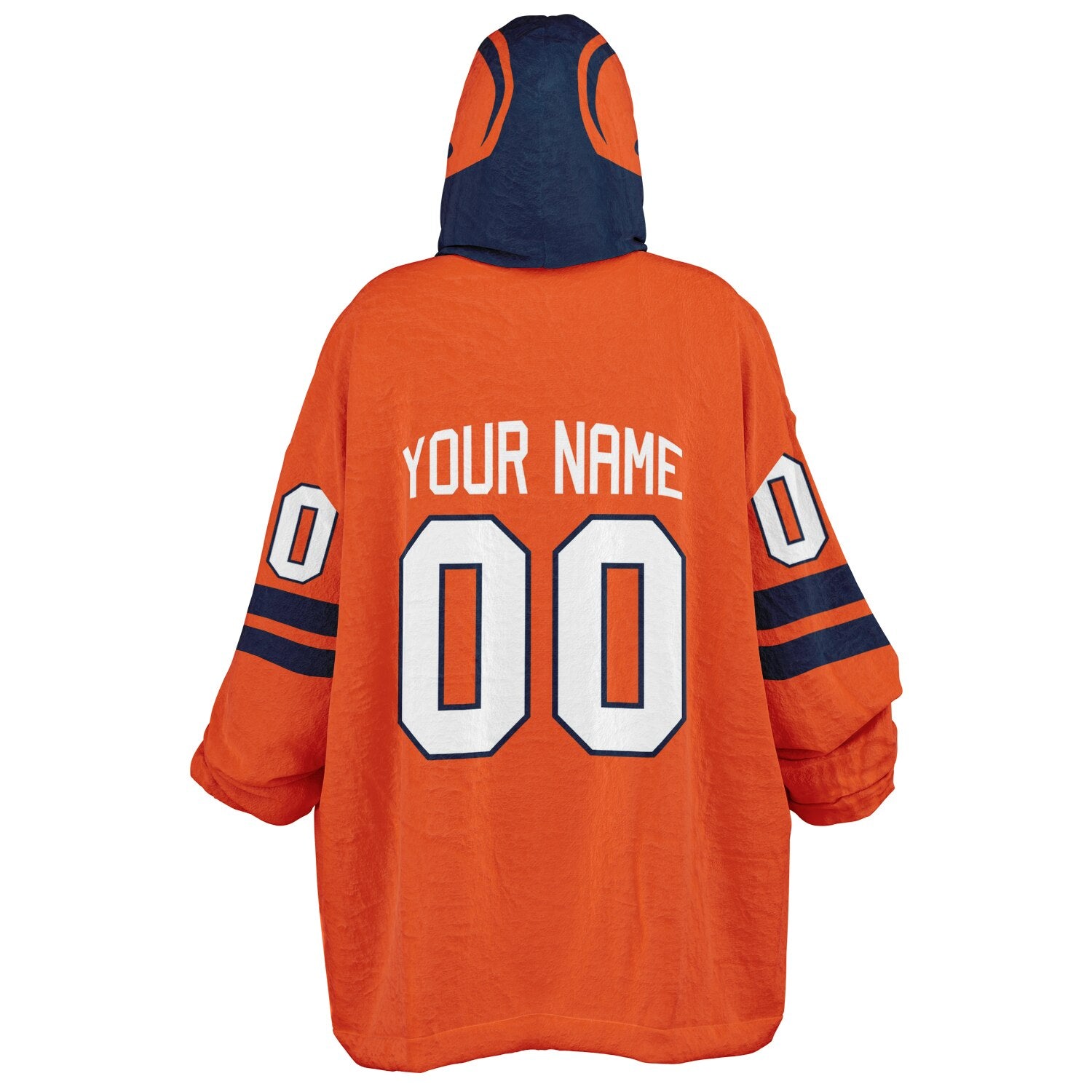 Orange and navy classic snug hoodie featuring jersey-style stripes and personalized name and number.