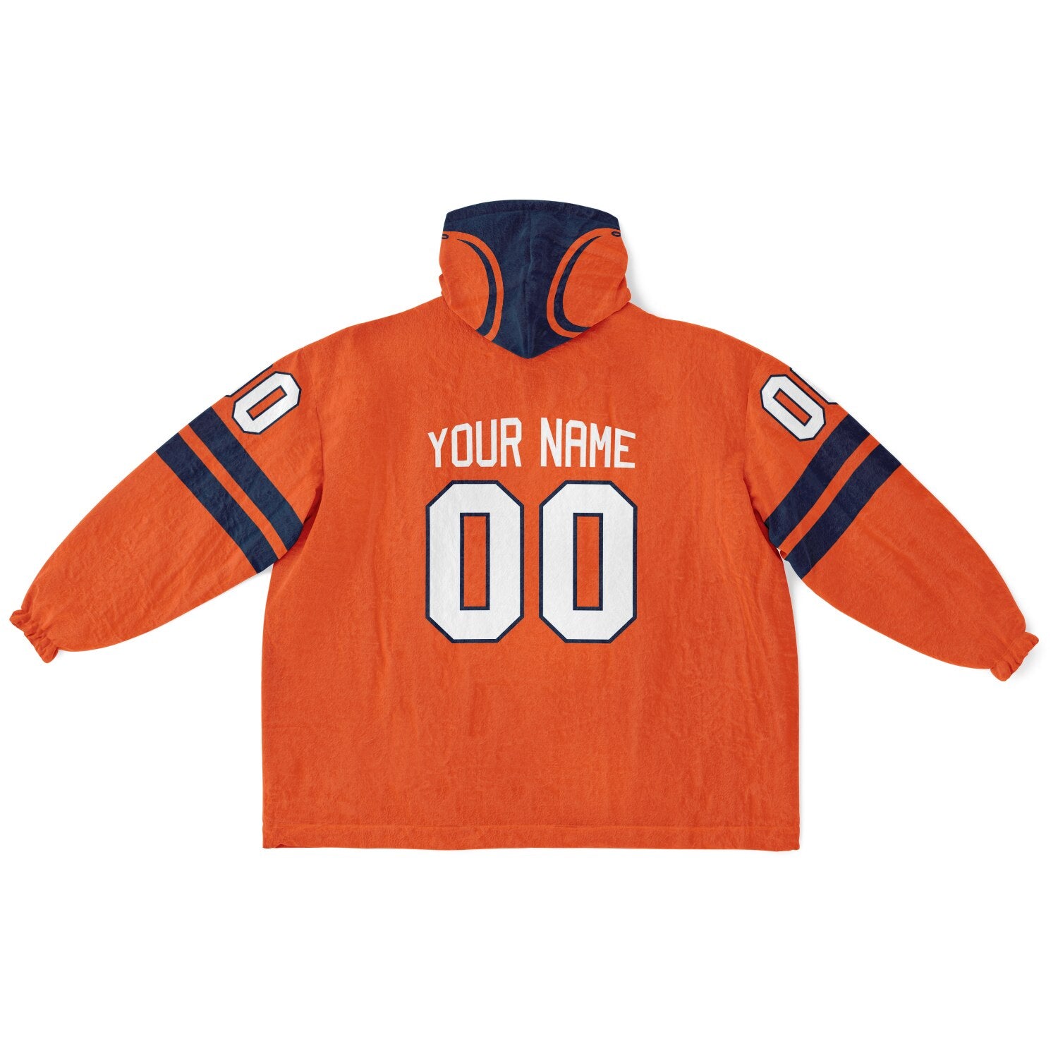 Orange and navy classic snug hoodie featuring jersey-style stripes and personalized name and number.