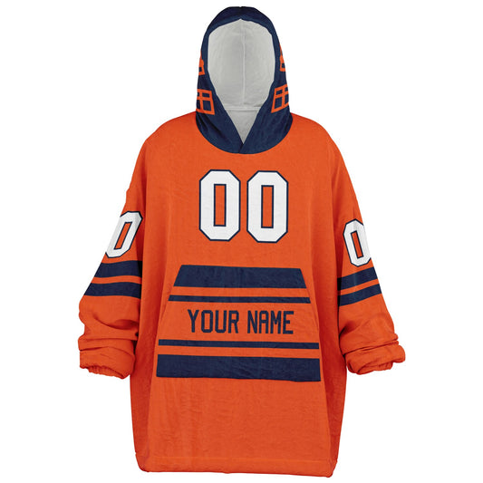 Orange and navy classic snug hoodie featuring jersey-style stripes and personalized name and number.