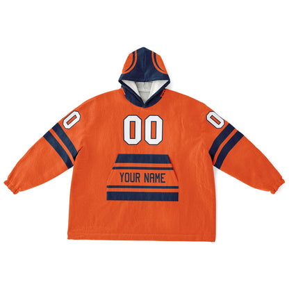 Orange and navy classic snug hoodie featuring jersey-style stripes and personalized name and number.
