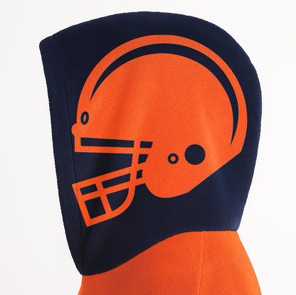 Orange and navy classic snug hoodie featuring jersey-style stripes and personalized name and number.