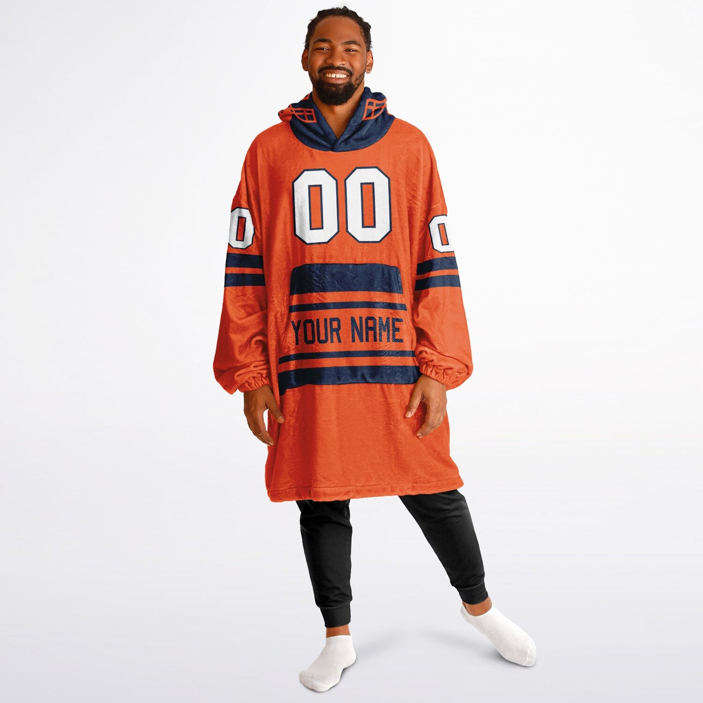 Orange and navy classic snug hoodie featuring jersey-style stripes and personalized name and number.