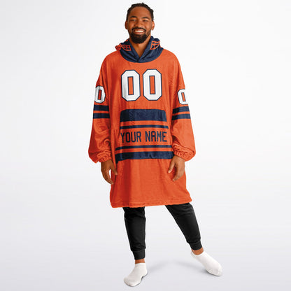 Orange and navy classic snug hoodie featuring jersey-style stripes and personalized name and number.