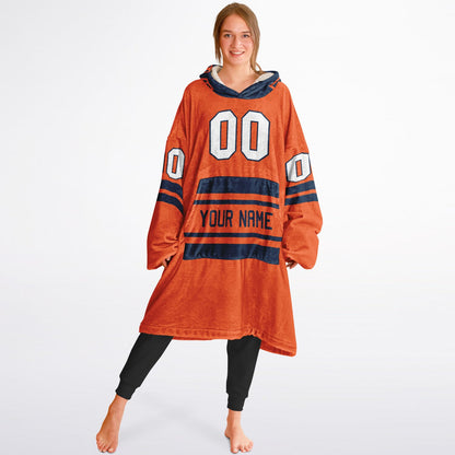 Orange and navy classic snug hoodie featuring jersey-style stripes and personalized name and number.
