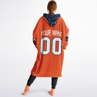 Orange and navy classic snug hoodie featuring jersey-style stripes and personalized name and number.