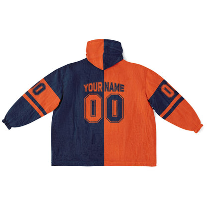 Orange and navy halftime snug hoodie featuring a symmetrical split design for a dynamic game-day look.