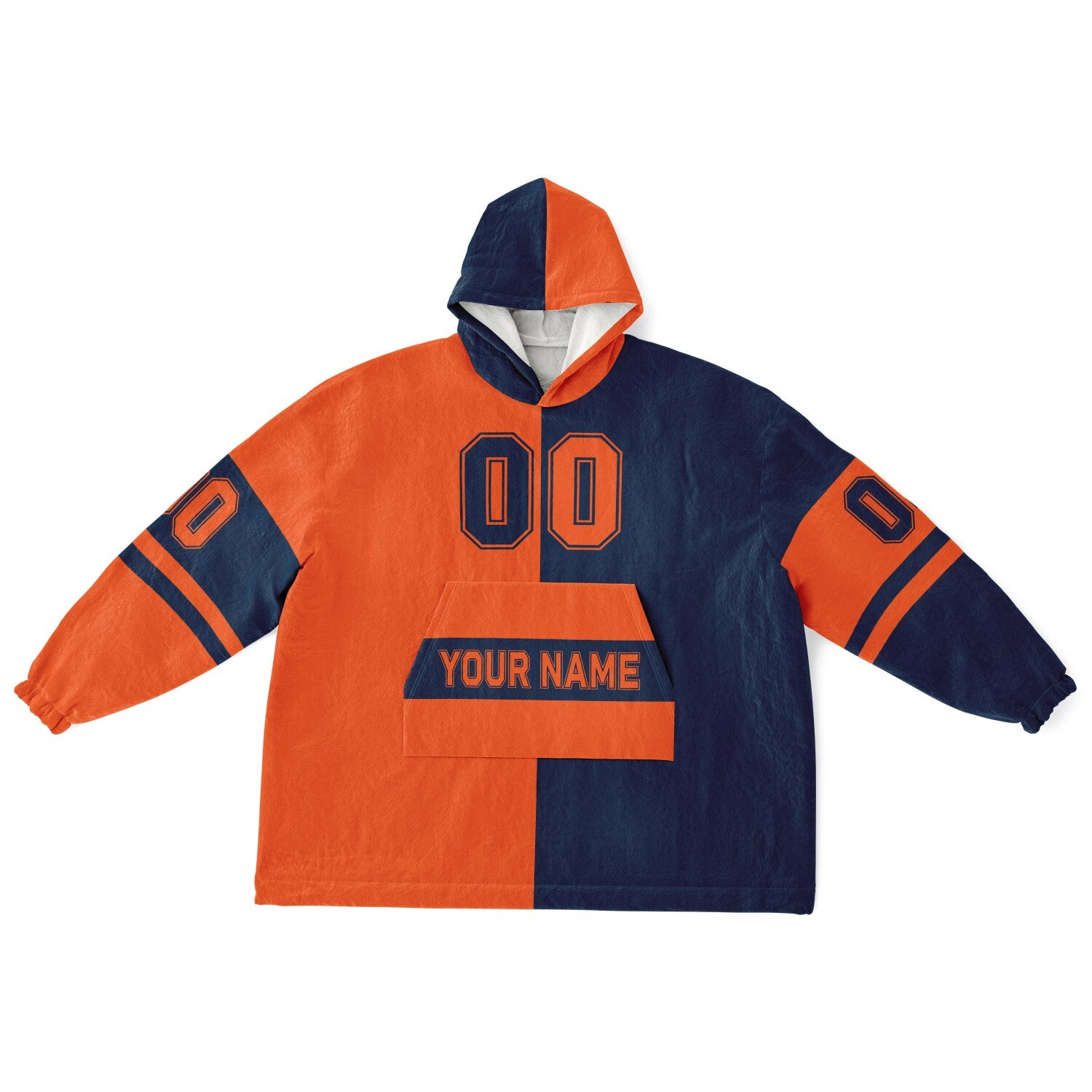 Orange and navy halftime snug hoodie featuring a symmetrical split design for a dynamic game-day look.