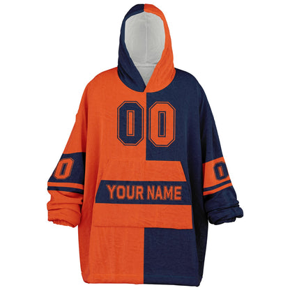 Orange and navy halftime snug hoodie featuring a symmetrical split design for a dynamic game-day look.