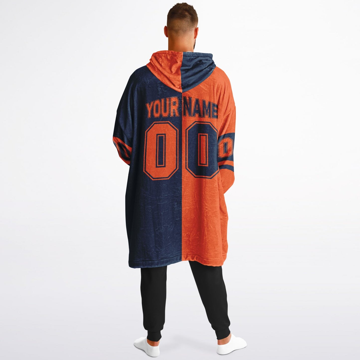 Orange and navy halftime snug hoodie featuring a symmetrical split design for a dynamic game-day look.