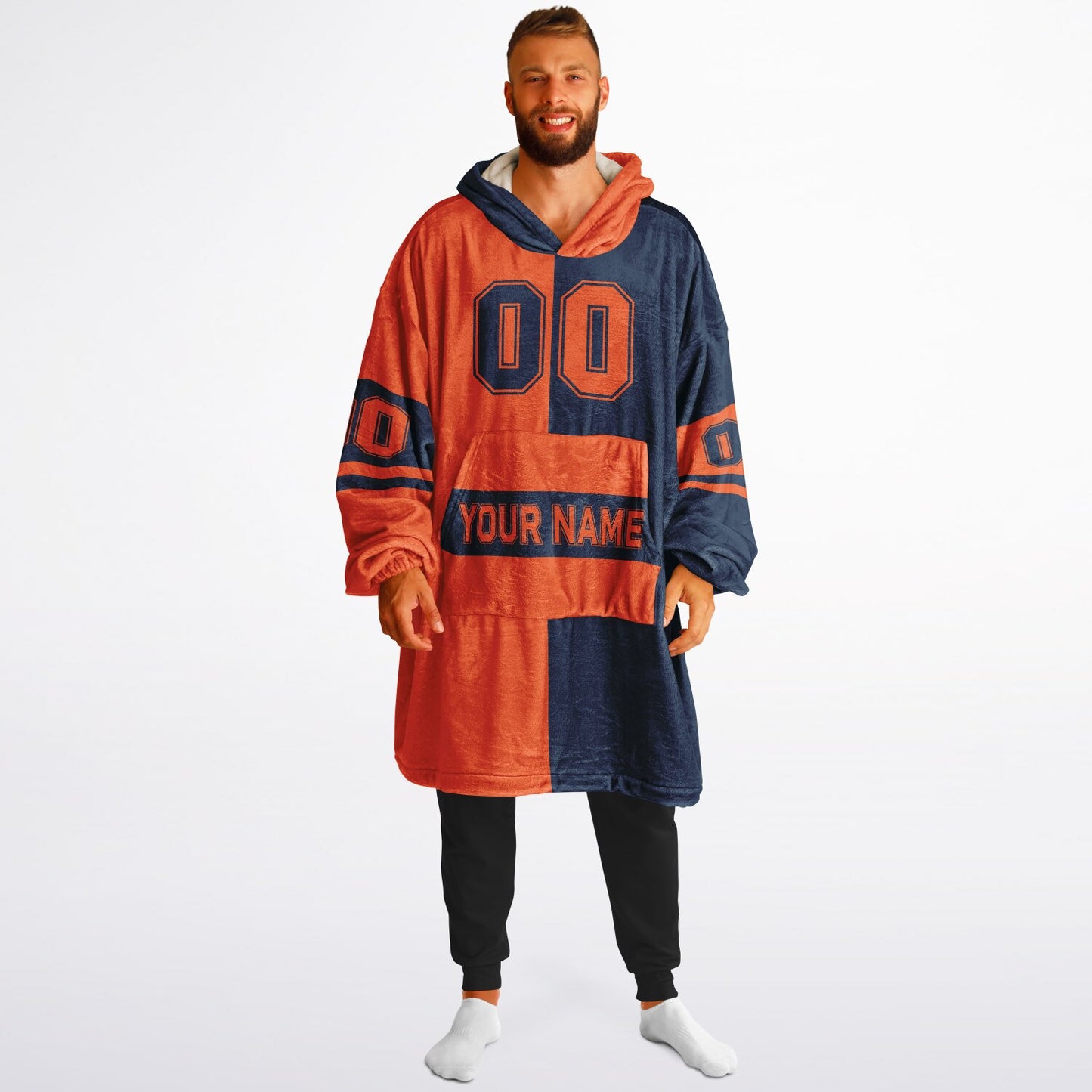 Orange and navy halftime snug hoodie featuring a symmetrical split design for a dynamic game-day look.
