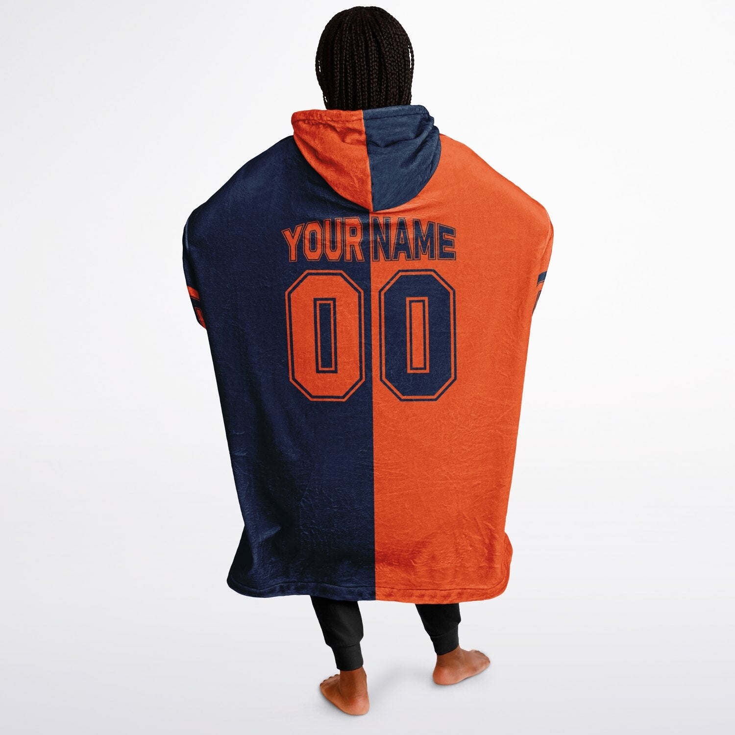 Orange and navy halftime snug hoodie featuring a symmetrical split design for a dynamic game-day look.