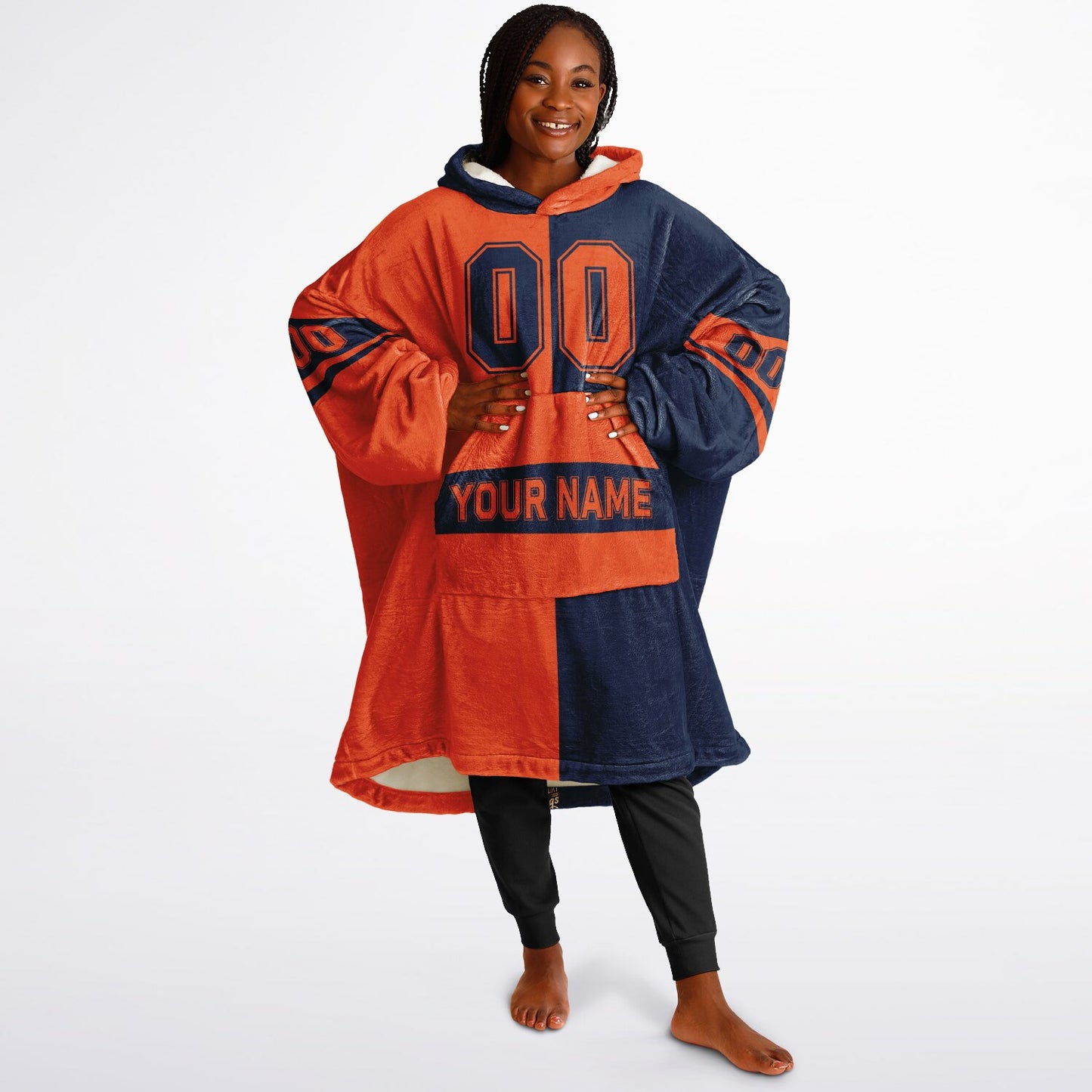 Orange and navy halftime snug hoodie featuring a symmetrical split design for a dynamic game-day look.