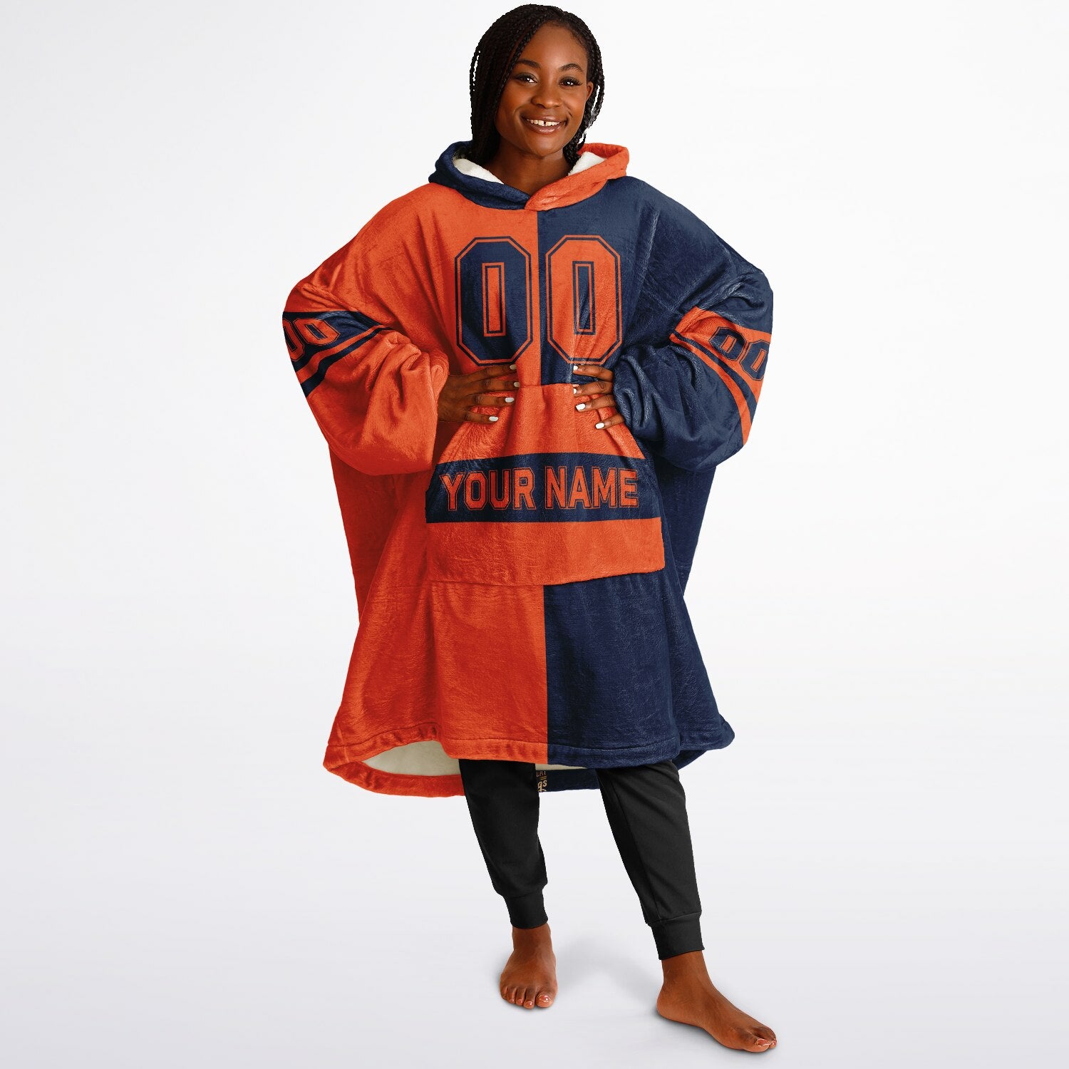Orange and navy halftime snug hoodie featuring a symmetrical split design for a dynamic game-day look.