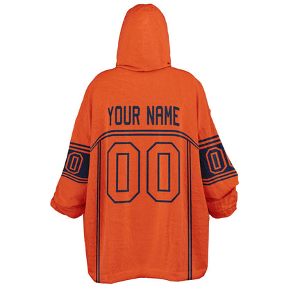Orange and navy lineup snug hoodie featuring sleek line-art details and minimalist team-inspired design.