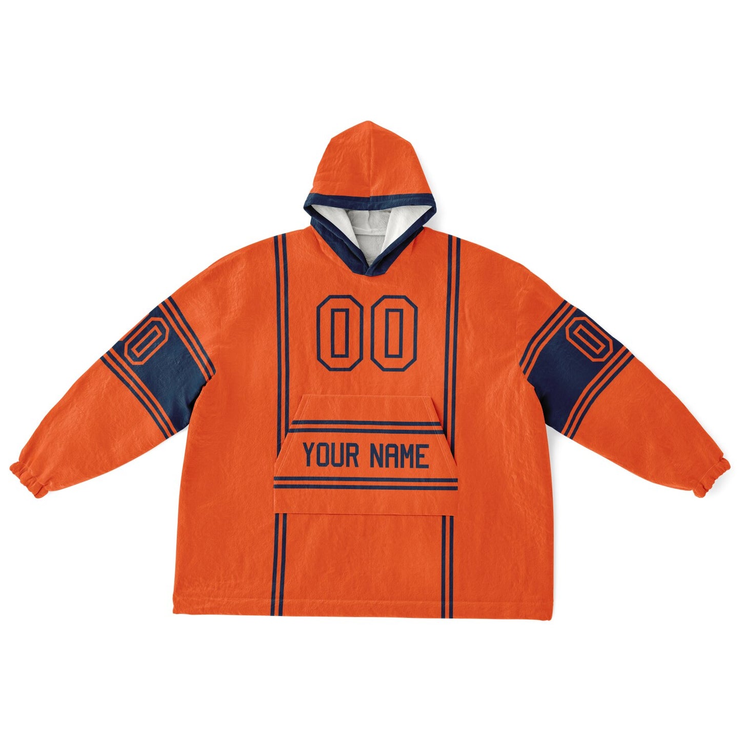 Orange and navy lineup snug hoodie featuring sleek line-art details and minimalist team-inspired design.