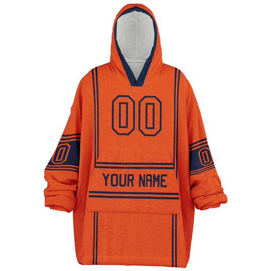 Orange and navy lineup snug hoodie featuring sleek line-art details and minimalist team-inspired design.