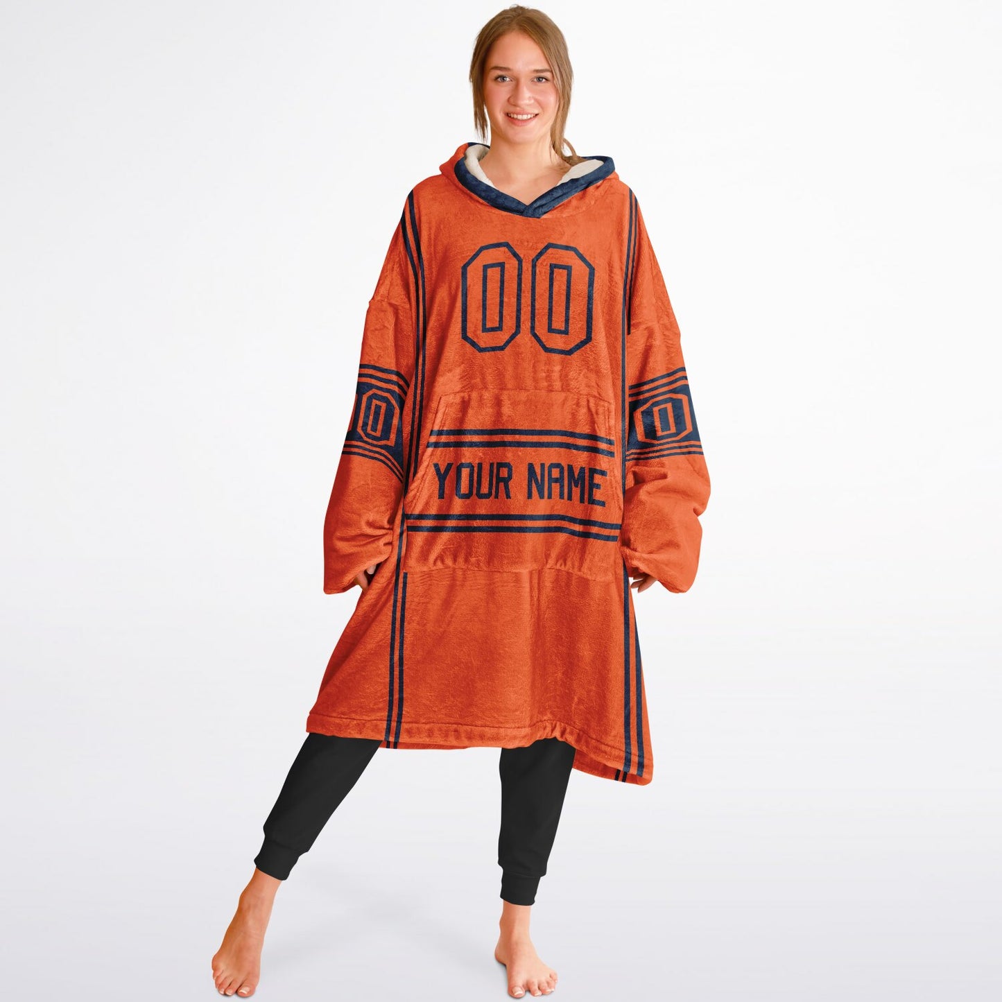 Orange and navy lineup snug hoodie featuring sleek line-art details and minimalist team-inspired design.