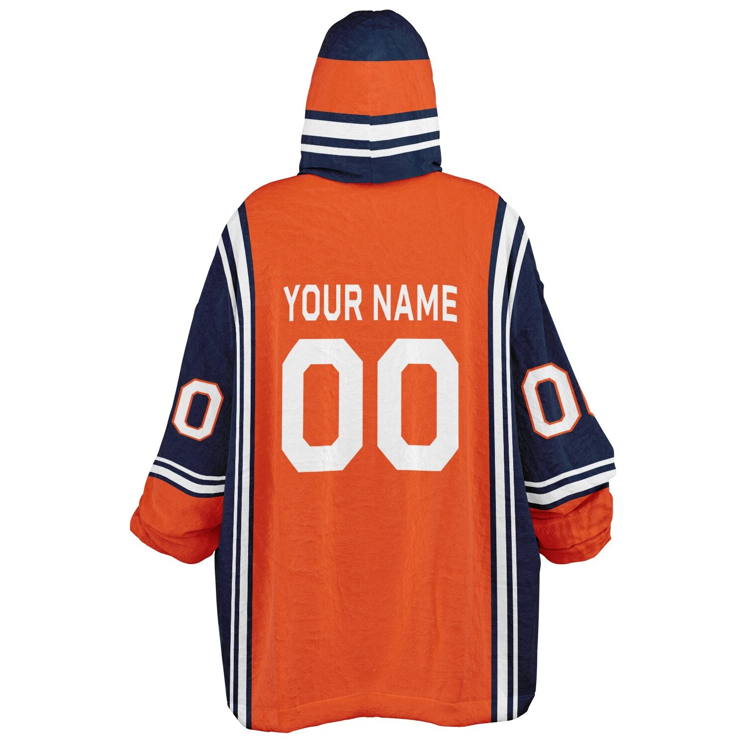Orange, navy, and white bold snug hoodie with triple color blocking and a sporty aesthetic.
