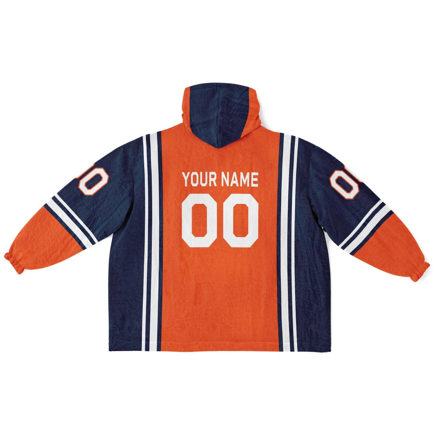 Orange, navy, and white bold snug hoodie with triple color blocking and a sporty aesthetic.