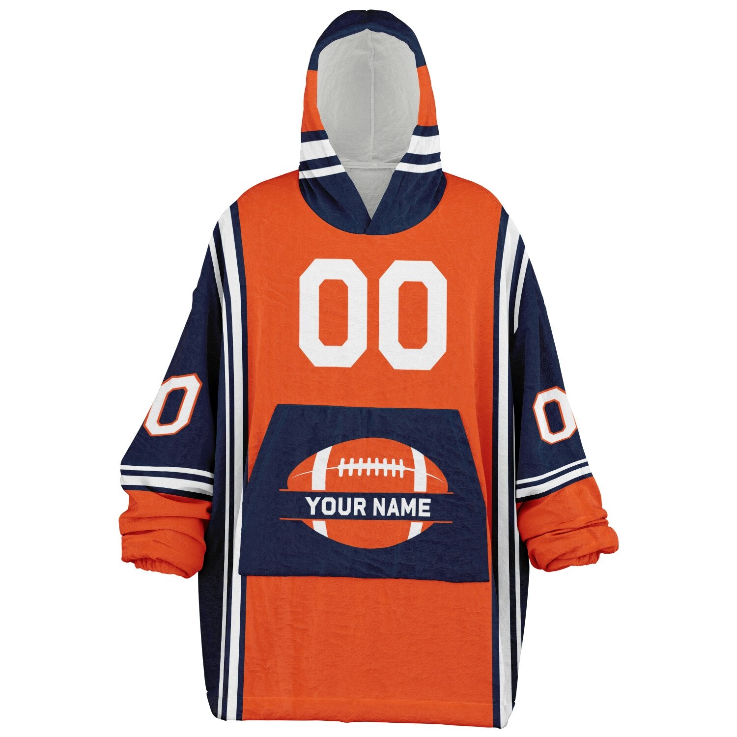 Orange, navy, and white bold snug hoodie with triple color blocking and a sporty aesthetic.