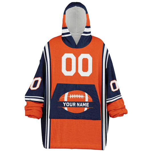 Orange, navy, and white bold snug hoodie with triple color blocking and a sporty aesthetic.