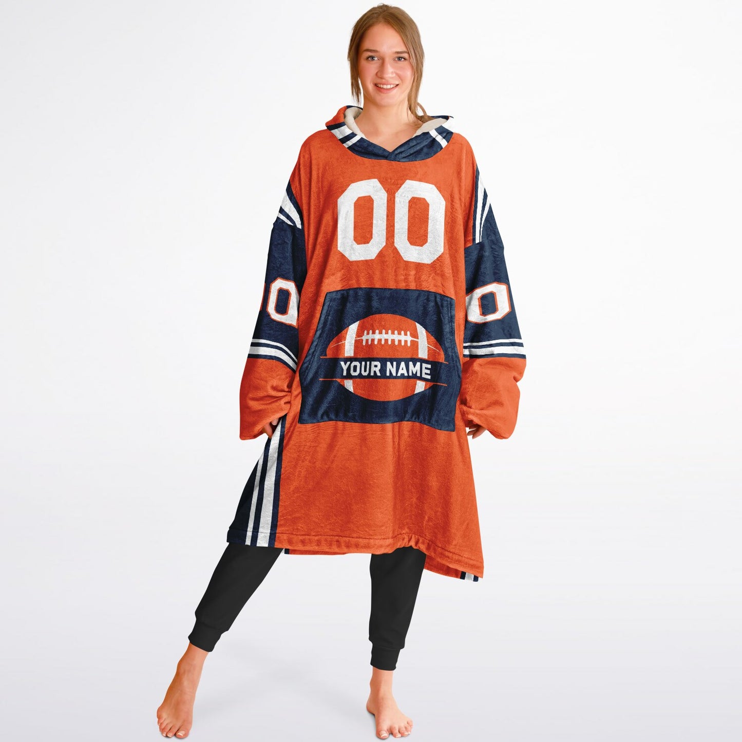 Orange, navy, and white bold snug hoodie with triple color blocking and a sporty aesthetic.