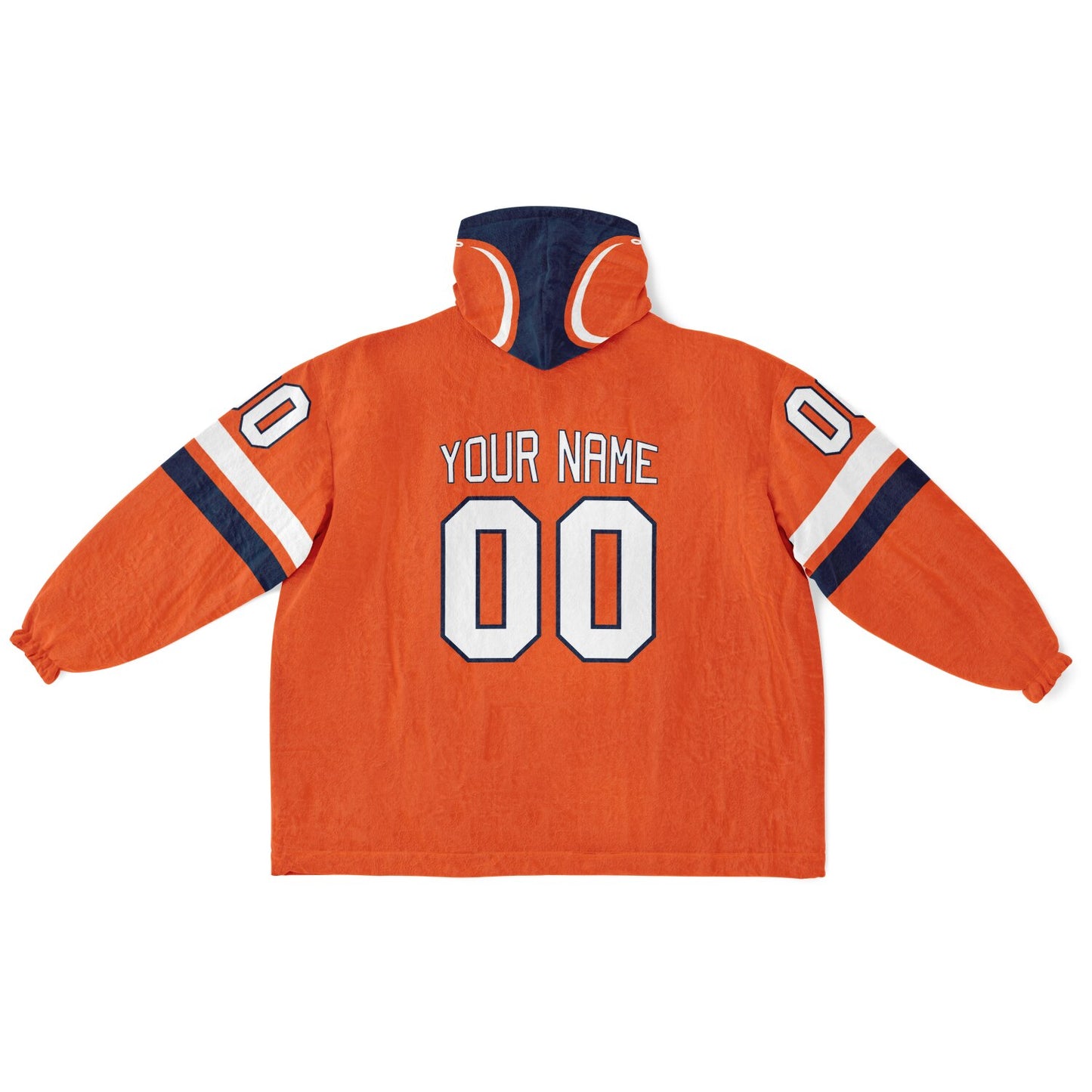 Orange, navy, and white classic snug hoodie featuring authentic jersey striping and personalized number details.