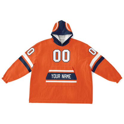 Orange, navy, and white classic snug hoodie featuring authentic jersey striping and personalized number details.