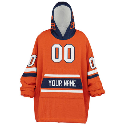Orange, navy, and white classic snug hoodie featuring authentic jersey striping and personalized number details.