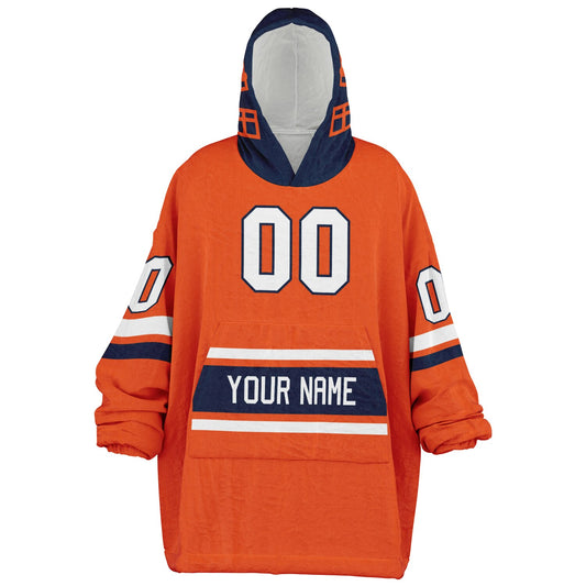 Orange, navy, and white classic snug hoodie featuring authentic jersey striping and personalized number details.