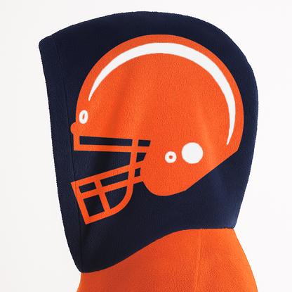 Orange, navy, and white classic snug hoodie featuring authentic jersey striping and personalized number details.