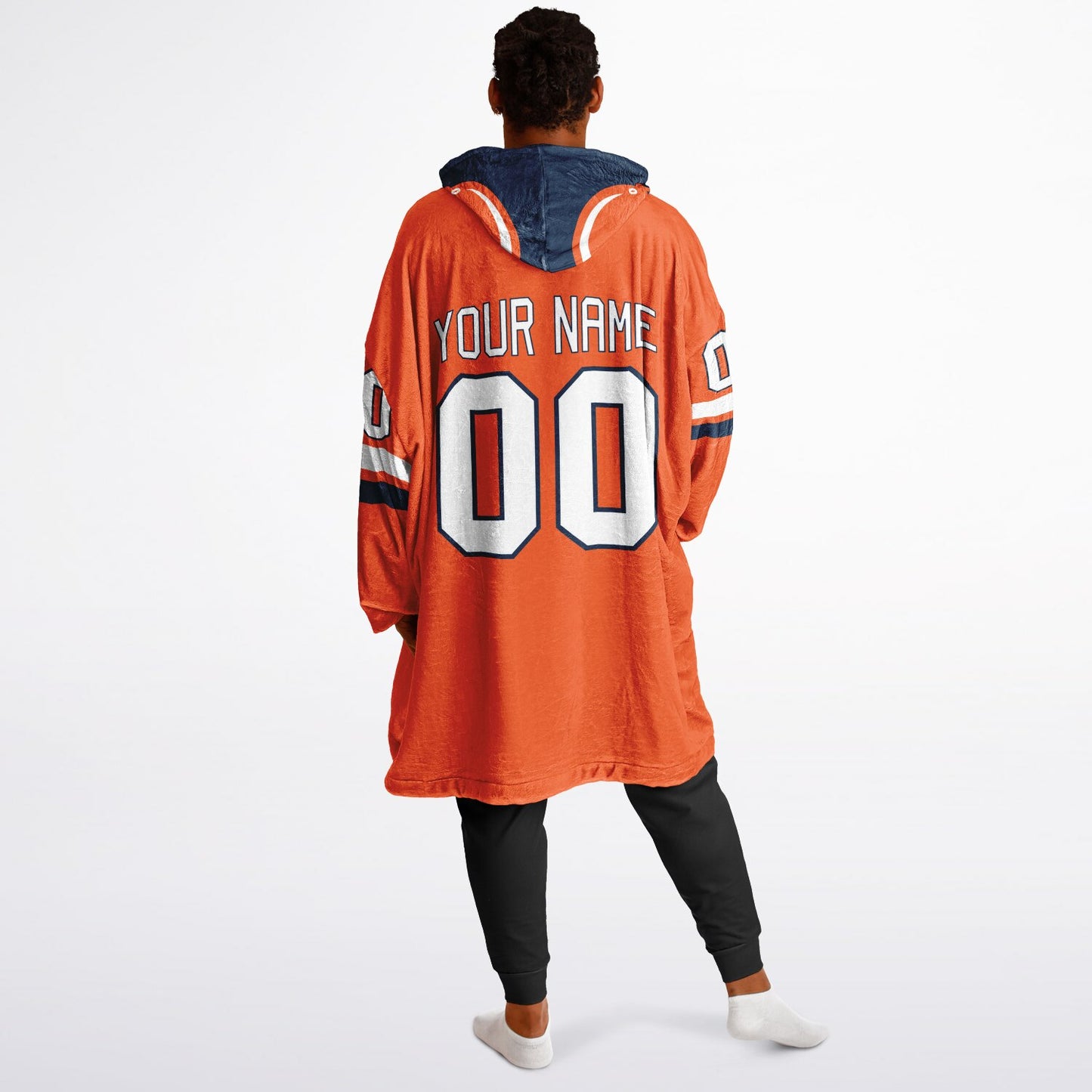 Orange, navy, and white classic snug hoodie featuring authentic jersey striping and personalized number details.