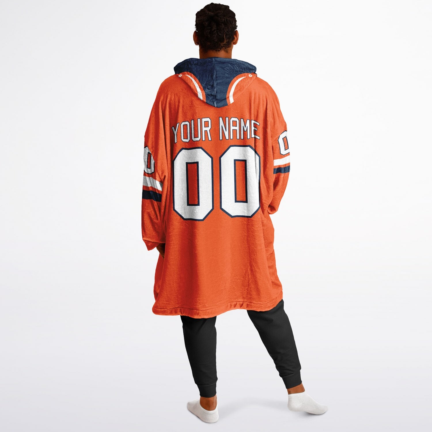 Orange, navy, and white classic snug hoodie featuring authentic jersey striping and personalized number details.