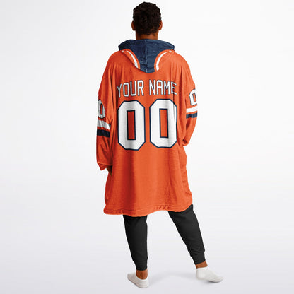 Orange, navy, and white classic snug hoodie featuring authentic jersey striping and personalized number details.