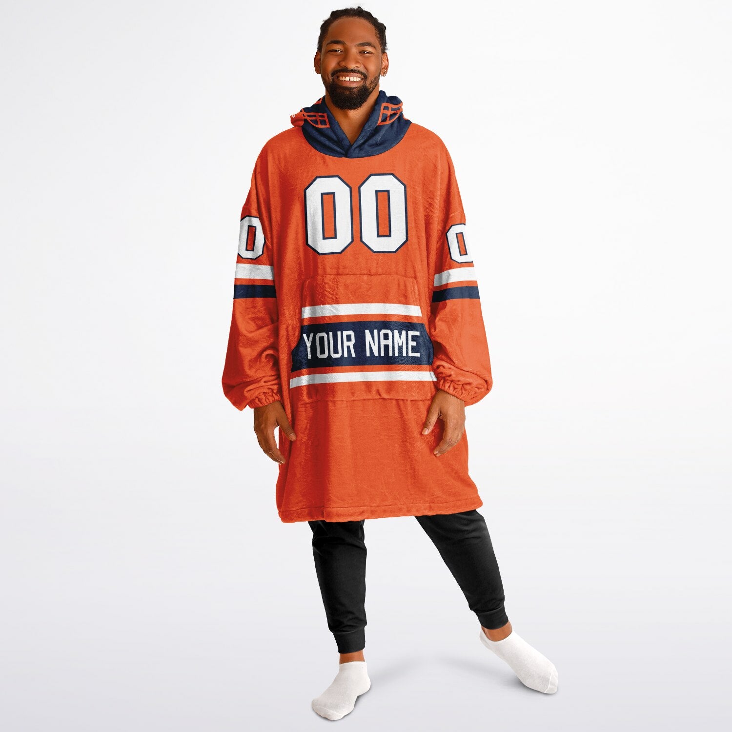 Orange, navy, and white classic snug hoodie featuring authentic jersey striping and personalized number details.