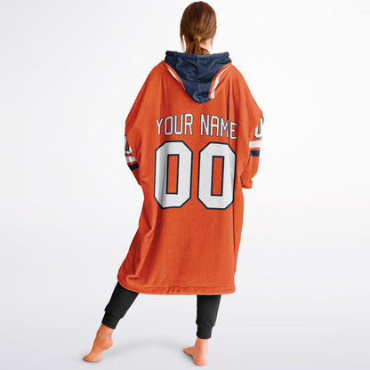 Orange, navy, and white classic snug hoodie featuring authentic jersey striping and personalized number details.