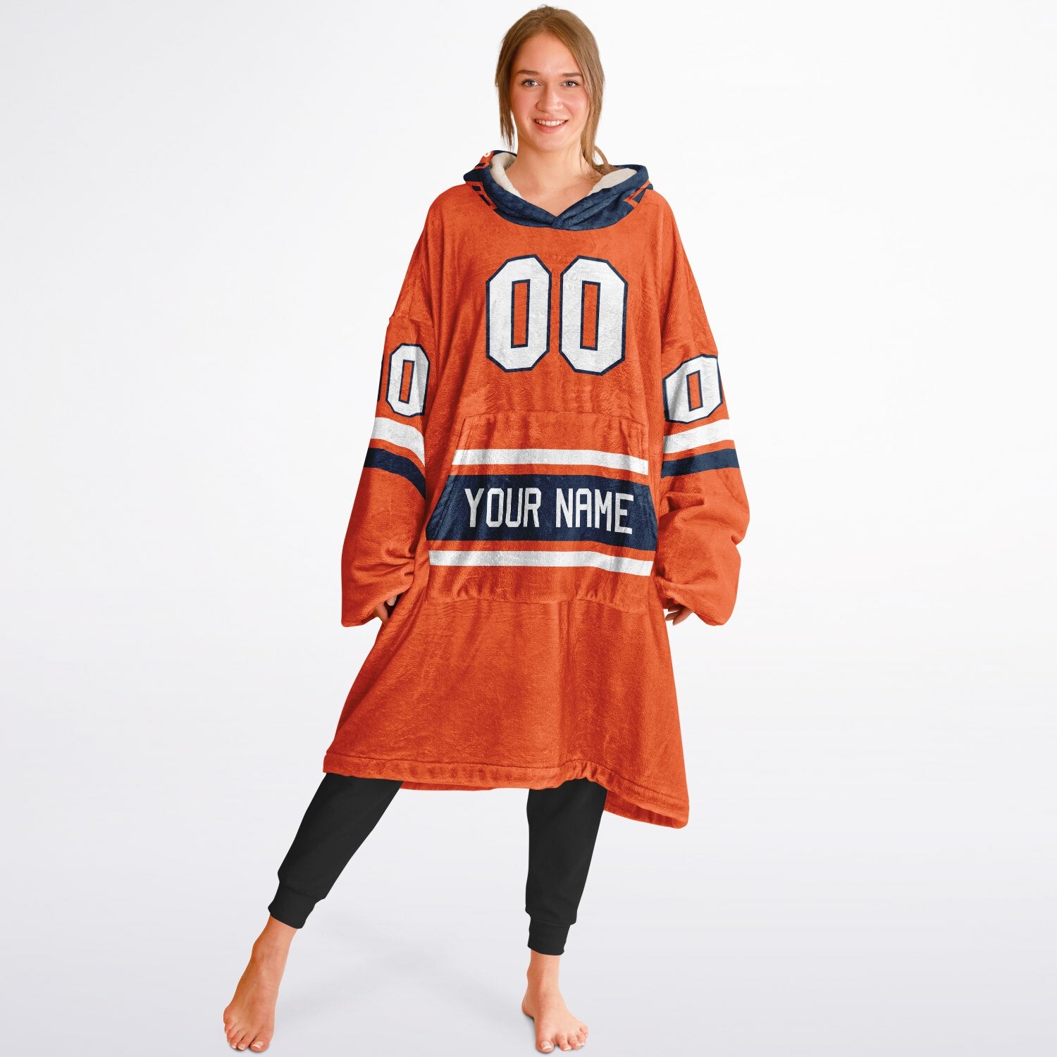 Orange, navy, and white classic snug hoodie featuring authentic jersey striping and personalized number details.