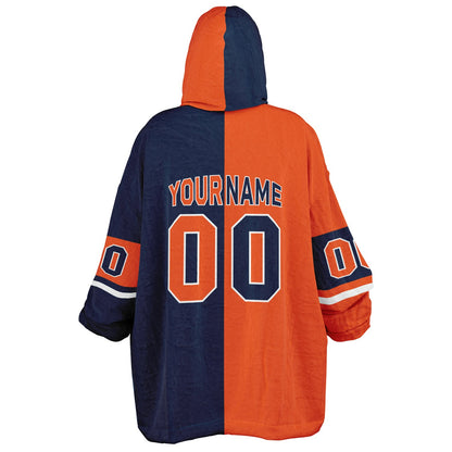 Orange, navy, and white halftime snug hoodie with three-tone split design and cozy fleece texture.