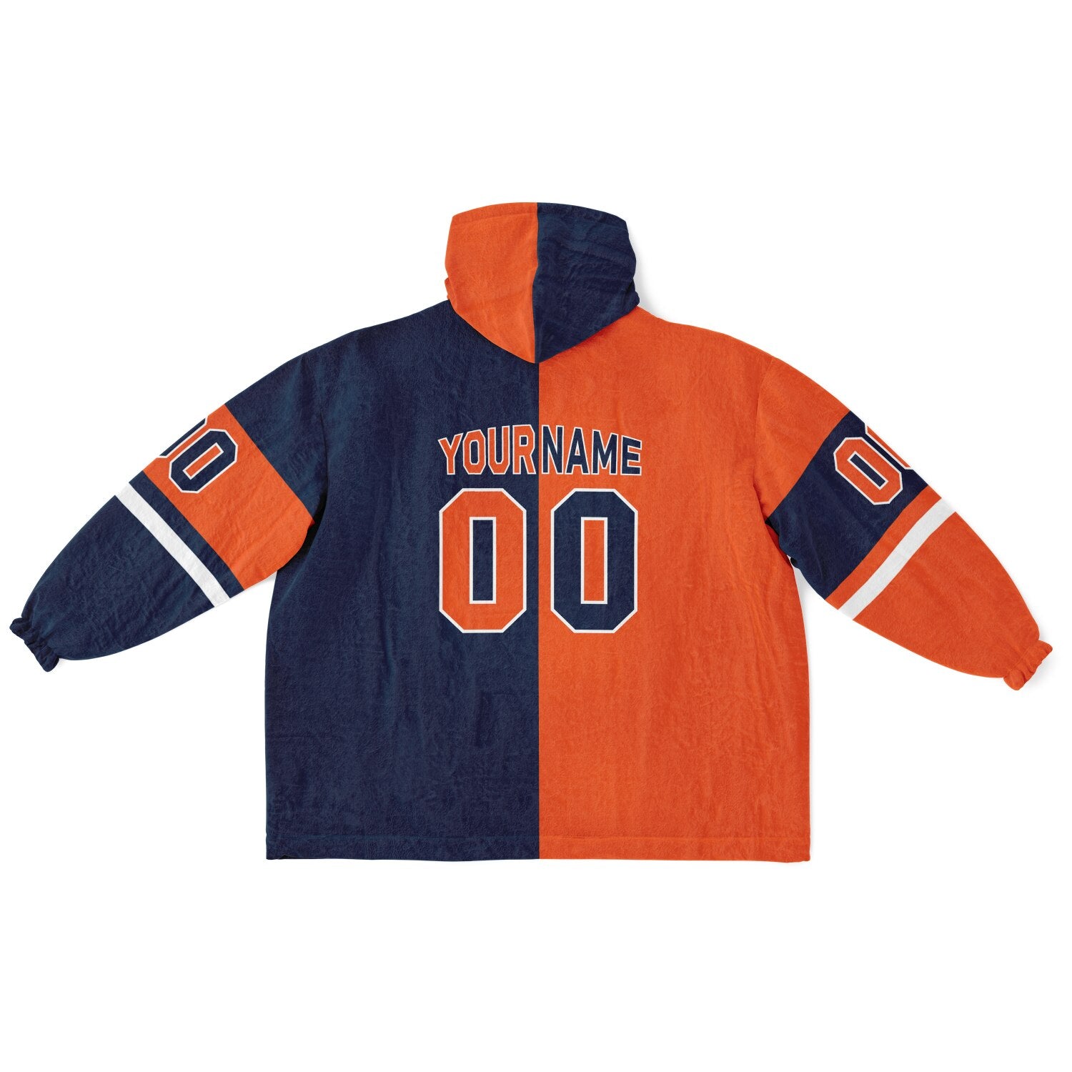 Orange, navy, and white halftime snug hoodie with three-tone split design and cozy fleece texture.