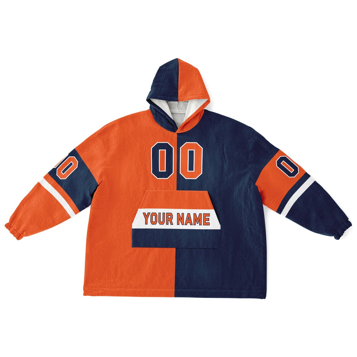 Orange, navy, and white halftime snug hoodie with three-tone split design and cozy fleece texture.