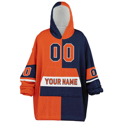 Orange, navy, and white halftime snug hoodie with three-tone split design and cozy fleece texture.