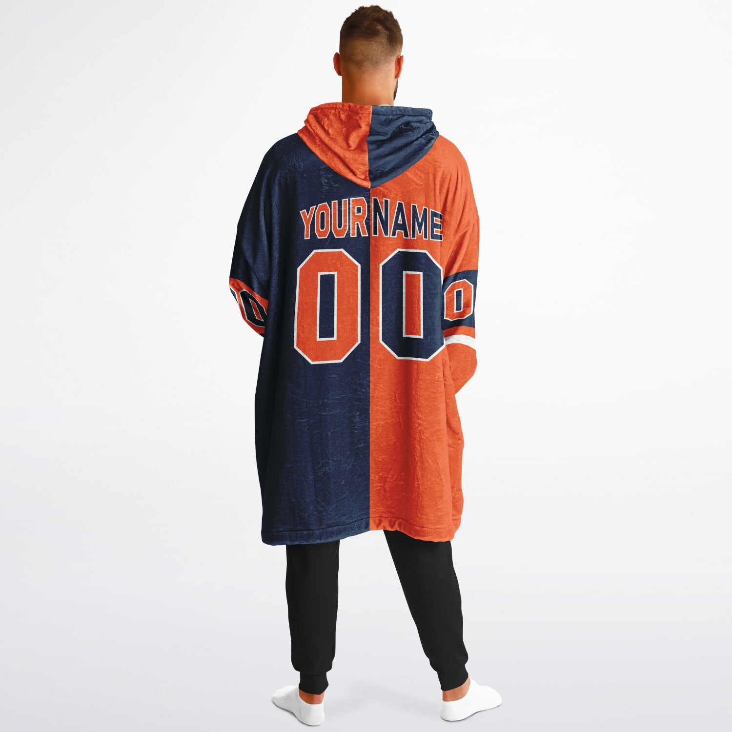 Orange, navy, and white halftime snug hoodie with three-tone split design and cozy fleece texture.