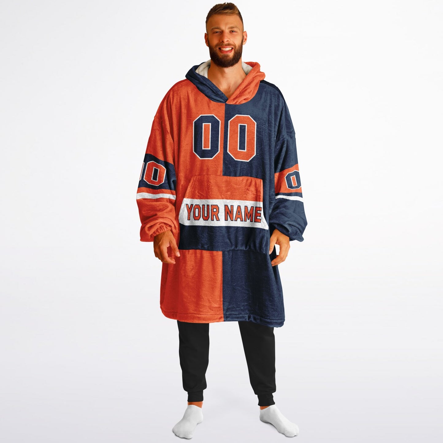 Orange, navy, and white halftime snug hoodie with three-tone split design and cozy fleece texture.